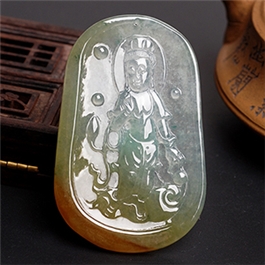 天然翡翠掛件--老坑冰種黃翡雙面精雕蓮觀音