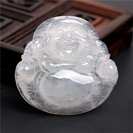 天然翡翠掛件--老坑冰種瑩白均色細膩晶瑩雙面精雕笑佛