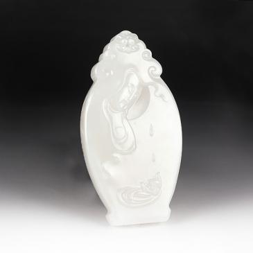 周雁明作品新疆天然和田玉白玉籽料牌觀音101.78g玉雕大師收藏