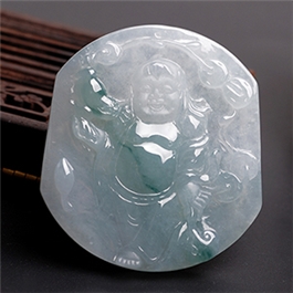天然翡翠掛件--老坑冰糯種飄藍花精工浮雕子岡牌送福佛陀