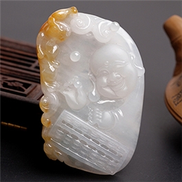 天然翡翠掛件--老坑冰糯種黃翡局部拋光精致浮雕佛陀