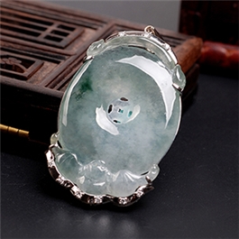18K白金翡翠掛件--老坑冰種瑩潤(rùn)細(xì)膩飄藍(lán)花福在眼前