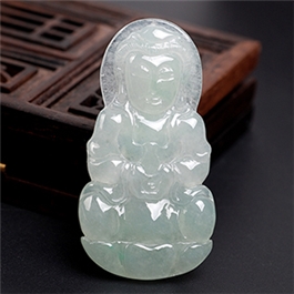 天然翡翠掛件--老坑冰種淺綠均色瑩潤細膩精雕觀音