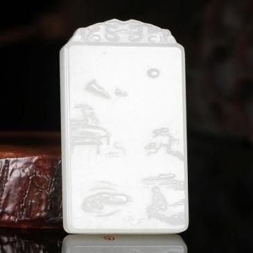 周雁明大師作品和田玉白玉掛件風(fēng)景牌精雕吊墜