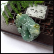 純天然緬甸a貨油青帶翡飄綠三色翡翠玉貔貅吊墜/玉緣軒正品