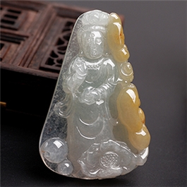 天然翡翠掛件--老坑冰糯種黃翡瑩潤細膩浮雕觀音