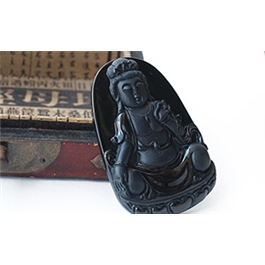 天然翡翠掛件--老坑糯種墨翠局部拋光精工雙面細雕觀音