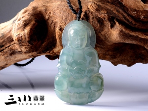 糯種晴水綠天然A貨翡翠觀音吊墜