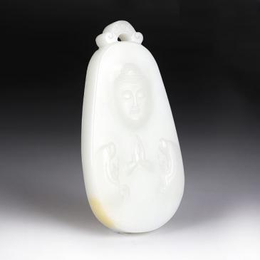 陶虎大師“虎”款新疆天然和田玉白玉籽料牌佛祖玉雕大師收藏