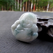 冰潤天然緬甸翡翠玉飄藍花笑佛吊墜