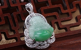 18K白金鑲鉆石翡翠掛件--滿腹經綸老坑冰糯種淺綠底陽綠飄花鑲嵌精致小巧笑佛