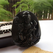 精致純天然黑曜石蓮花大觀音掛件