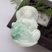 翡翠A貨細糯種帶翠色玉觀音掛件/開光觀音吊墜男款/玉緣軒正品