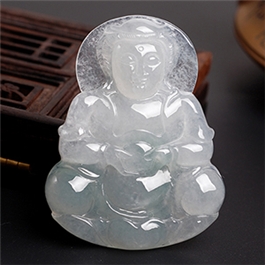 天然翡翠掛件--老坑冰種淺綠細(xì)膩潤澤雙面精雕觀音