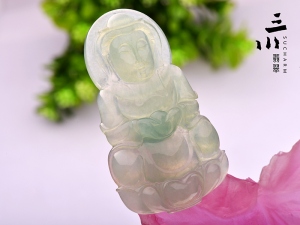 冰種晴水綠天然A貨翡翠觀音吊墜