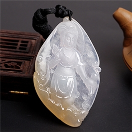 天然翡翠掛件--老坑冰種淺黃翡飄花光啞工藝精工浮雕觀音