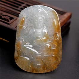 天然翡翠掛件--老坑冰種黃翡細膩瑩潤光啞工藝精致浮雕觀音
