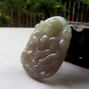 純天然正品和田玉煙紫如意觀音玉牌掛件/玉緣軒正品