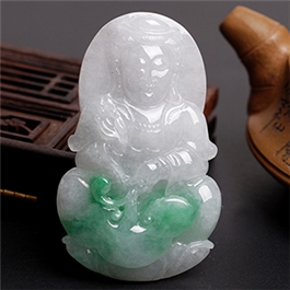 天然翡翠掛件--老坑糯種翠綠飄花雙面精雕蓮座觀音