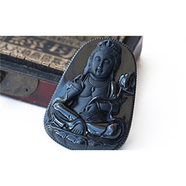 天然翡翠掛件--老坑糯種墨翠局部拋光精工雙面細雕觀音