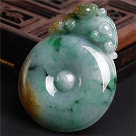 天然翡翠掛件--老坑糯種黃翡伴飄藍花雙面精雕福貝