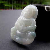 精品天然緬甸老坑A貨冰潤飄藍花翡翠玉觀音掛件/玉石觀音項墜/翡翠冰觀音玉墜/玉緣軒正品