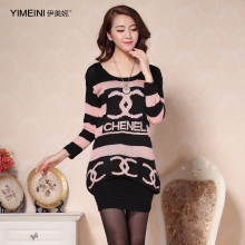 2014韩版新款女外套女中长款秋冬修身长袖针织套头印花毛衣