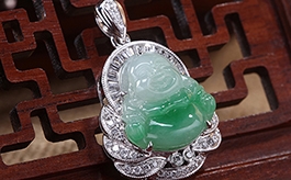 18K白金鑲鉆石翡翠掛件--滿腹經綸老坑冰糯種淺綠底陽綠飄花鑲嵌精致小巧笑佛