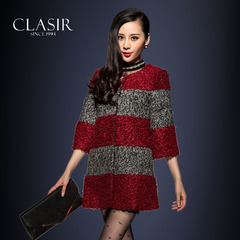 卡莱施2014冬款韩版拼色A字圆领羊毛呢子七分袖外套女装