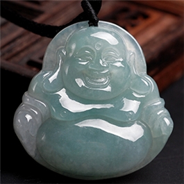 天然翡翠掛件--老坑冰糯種清雅淺綠均色細膩均勻精雕彌勒佛