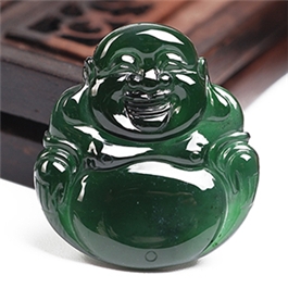 天然翡翠裸石--老坑冰種濃郁深綠細膩潤澤雙面精雕佛陀