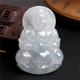 天然翡翠掛件--老坑冰種淺綠細(xì)膩潤澤雙面精雕觀音