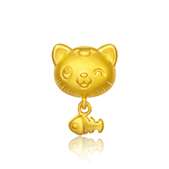 【送皮繩】FOLLOW呆萌捉魚貓黃金足金吊墜轉(zhuǎn)運珠