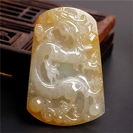 天然翡翠掛件--老坑冰糯種黃翡細膩瑩潤精致浮雕騰龍子岡牌