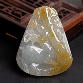 天然翡翠掛件--老坑冰種黃翡晶瑩凝潤精致浮雕福祿高升