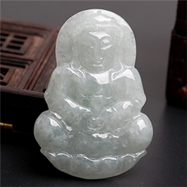 天然翡翠掛件-老坑冰糯種清雅淺綠均色雙面精雕慈悲辟邪觀音