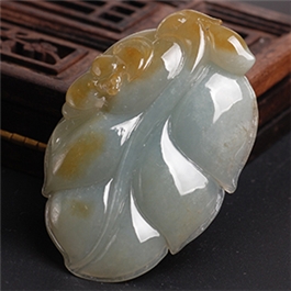 天然翡翠掛件--老坑冰糯種黃翡飄花瑩潤雙面精雕玉葉