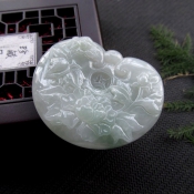 天然緬甸A貨翡翠玉富貴牡丹玉牌掛件