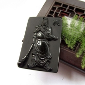 純天然黑曜石忠義關公玉牌掛件/玉緣軒正品