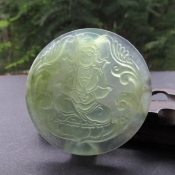天然遼寧岫巖玉通透湖綠文殊菩薩玉飾皮帶扣/玉腰扣腰帶扣/辟邪開運護身/玉緣軒正品