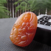 精美紅玉髓通透蓮花魚觀音玉牌掛件