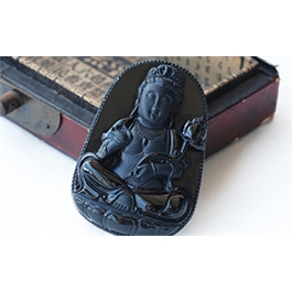 天然翡翠掛件--老坑糯種墨翠局部拋光精工雙面細雕觀音