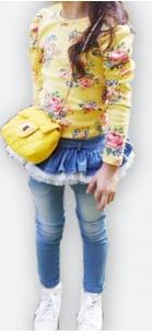 咔琪特童装#22273韩版女童牛仔裤中大童个性蕾丝长裤