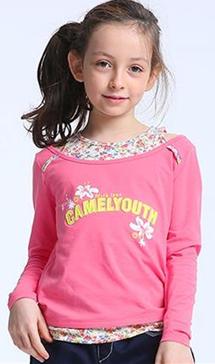 CAMEL駱駝戶外青少年童款休閑衣2015年春季新款長袖假兩件套T恤5S4V6519