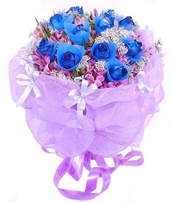蓝色爱情海11支蓝玫瑰紫罗兰点缀情人节礼物七夕节礼物爱的礼物