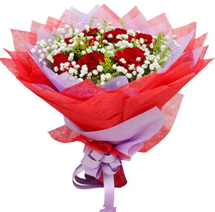 唯爱一生 9枝红玫瑰 满天星 黄英丰满 爱的礼物 情人节礼物 送女朋友 送老婆 纪念日