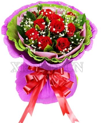 最深的思念 想你，愿你快乐每一天11朵红玫瑰，满天星、绿叶间插，粉色包装纸内衬，浅绿色、紫红色卷边纸包装，红色丝带蝴蝶结扎束（高46cm*宽42cm）