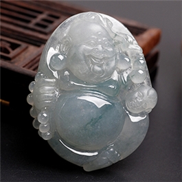 天然翡翠掛件--老坑冰糯種飄藍花局部拋光立體精雕厚實送子佛