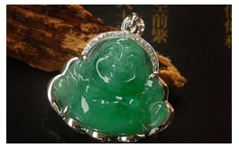 18K白金鑲鉆天然翡翠掛件--老坑冰糯種清雅淺綠細潤晶瑩小巧玲瓏奢華鑲嵌歡樂笑佛