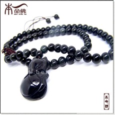 九華山開光★天然黑曜石★狐貍吊墜項鏈★旺桃花催姻緣增情緣